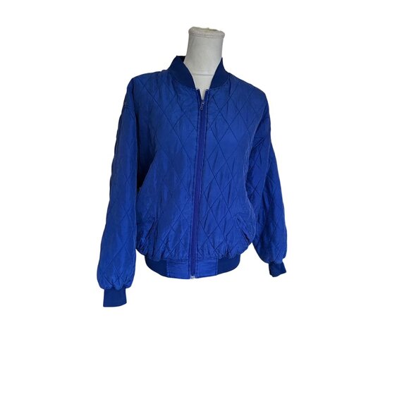 Sophisticates By Jonathan Martin Blue Quilted 100% Silk Bomber Jacket M Retro - Picture 2 of 9